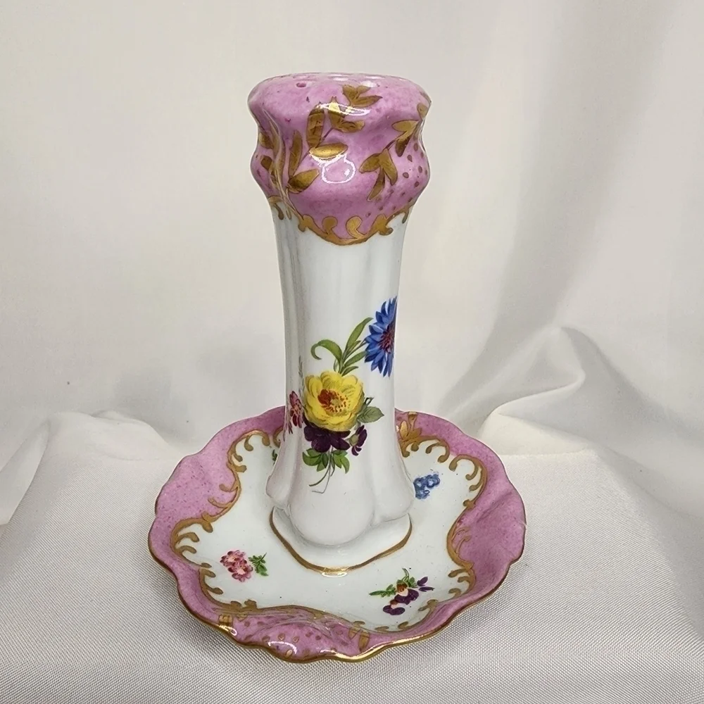 Victorian HatPin Holder Antique Paris Royal Peint ala Main Pink Floral Porcelain